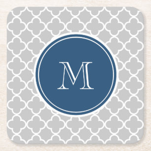 Porta-copo De Papel Quadrado Padrão de Quatrefoil de Cinza, Monograma Azul de