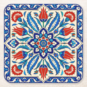 Porta-copo De Papel Quadrado Padrão de Tulipa Azul Vermelha no Estilo Otomano