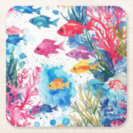 Porta-copo De Papel Quadrado Padrão de Vida do Mar de Cores Aquáticas Tropicais
