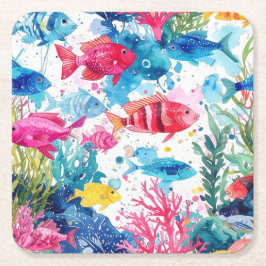 Porta-copo De Papel Quadrado Padrão de Vida do Mar de Cores Aquáticas Tropicais