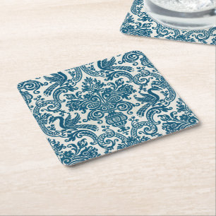 Porta-copo De Papel Quadrado Padrão de Vintagem Floral Azul e Branco