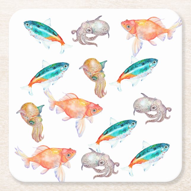 Porta-copo De Papel Quadrado Padrão dos animais marinhos (Frente)