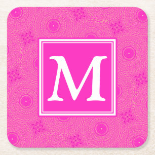 Porta-copo De Papel Quadrado Padrão dos círculos rosa a quente do monograma