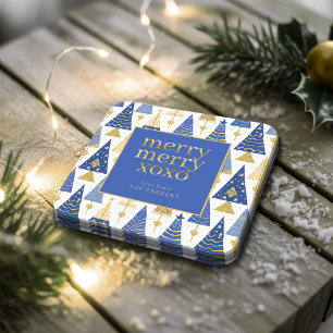 Porta-copo De Papel Quadrado Padrão Dourado de Feliz de Natal Azul nº 25 ID1009