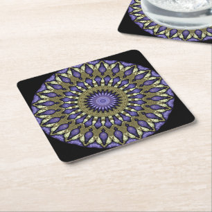 Porta-copo De Papel Quadrado Padrão Dourado de Mandala Preto Violeta Roxo