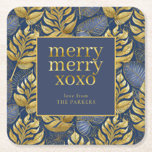 Porta-copo De Papel Quadrado Padrão Dourado de Natal Azul nº 29 ID1009