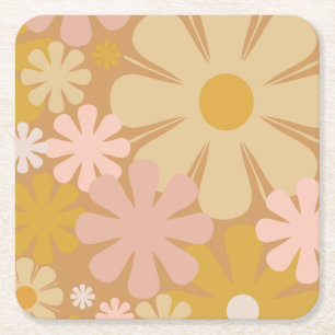 Porta-copo De Papel Quadrado Padrão estético floral retroativo dos anos 60 e 70