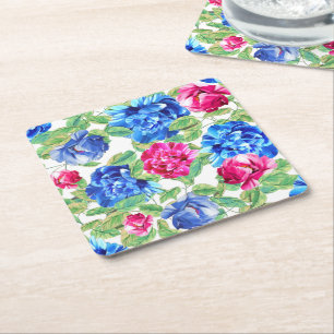 Porta-copo De Papel Quadrado Padrão Floral Bonito Rosa e Azul Vibrante