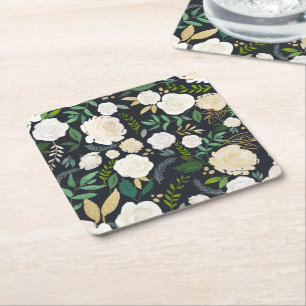 Porta-copo De Papel Quadrado Padrão Floral Creme e Marfim com Brilho Preto