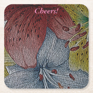 Porta-copo De Papel Quadrado padrão floral de contemporâneo amarelo vermelho 