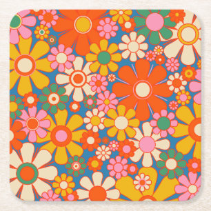 Porta-copo De Papel Quadrado Padrão Floral do Jardim Retroativo Colorido 60s 70