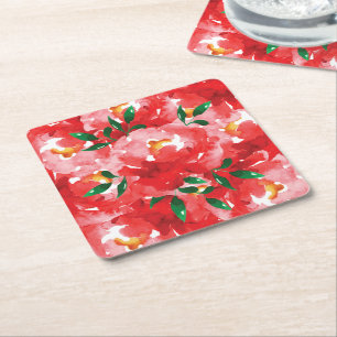 Porta-copo De Papel Quadrado Padrão Floral do Rosa vermelha