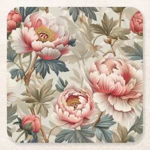 Porta-copo De Papel Quadrado Padrão floral elegante. Peônias cor-de-rosa pálido