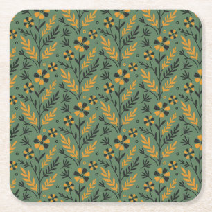 Porta-copo De Papel Quadrado Padrão floral estilizado botânico laranja e preto