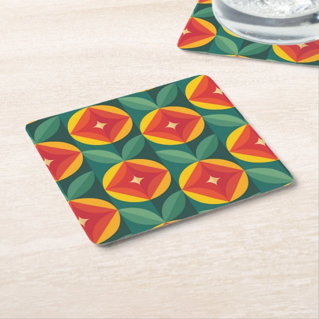 Porta-copo De Papel Quadrado Padrão Floral Laranja Moderno do meio século (Inclinado)
