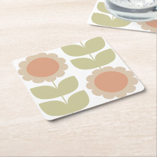 Porta-copo De Papel Quadrado Padrão Floral Retro Rosa Pastel Meados do Século