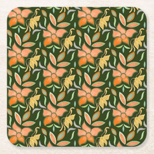 Porta-copo De Papel Quadrado Padrão Floral Rico: Flores de Pêssego e Folhas Ver