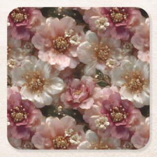 Porta-copo De Papel Quadrado Padrão Floral Seamless de Luxo com Pérolas Dourada