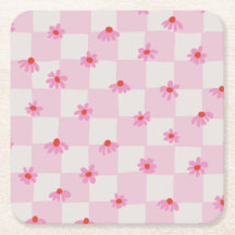 Padrão Floral Xadrez de Margaridas Rosa Suave