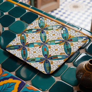 Porta-copo De Papel Quadrado Padrão Geométrico do Azulejo nº 5 Branco Teal ID10