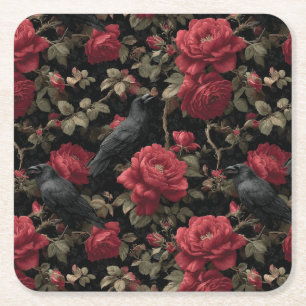Porta-copo De Papel Quadrado Padrão Gótico com Rosas vermelhas e Corvos