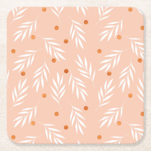 Porta-copo De Papel Quadrado Padrão Moderno de Folhas Florais Apricot Rosa
