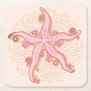 Porta-copo De Papel Quadrado Padrão Pastel Rosa de Estrelas-do-Mar e Coral