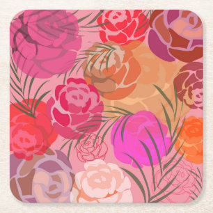 Porta-copo De Papel Quadrado Padrão rosa com flores e guardanapos de plantas