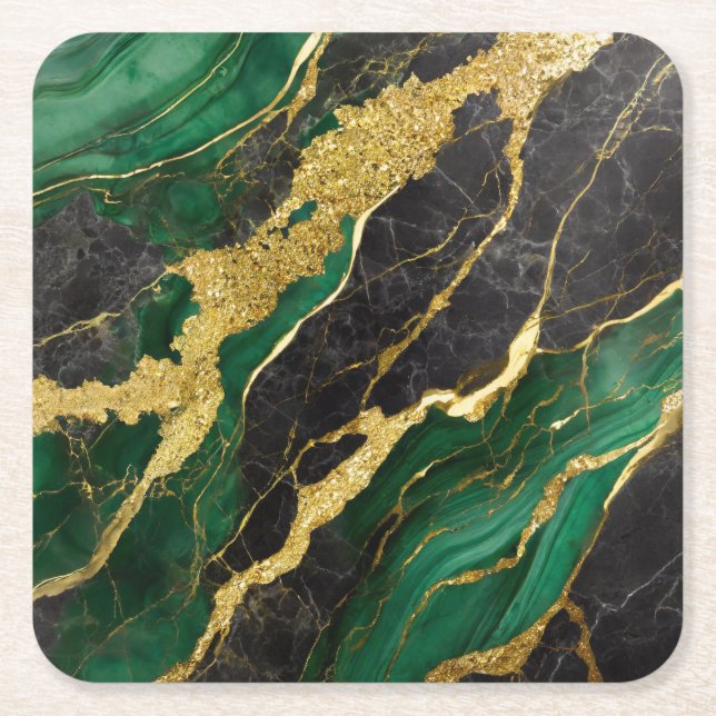 Porta-copo De Papel Quadrado Padrão Verde Marble com Dourado (Frente)