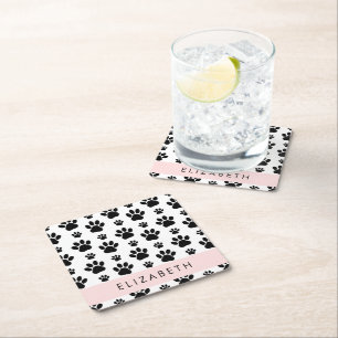 Porta-copo De Papel Quadrado Padrões de pata, patas de cão, preto e branco, seu