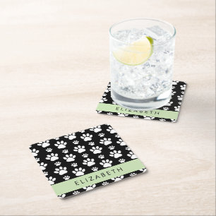 Porta-copo De Papel Quadrado Padrões de pata, patas de cão, preto e branco, seu