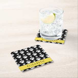 Porta-copo De Papel Quadrado Padrões de pata, patas de cão, preto e branco, seu