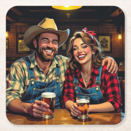 Porta-copo De Papel Quadrado País de Vaquero Fofo e Casal de Bar Ocidental