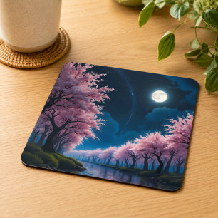 Porta-copo De Papel Quadrado Paisagem Anime de Cerejeira Iluminada pela Lua