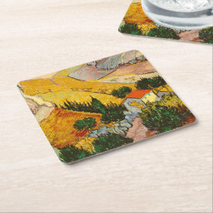 Porta-copo De Papel Quadrado Paisagem com House e Ploughma Vincent van Gogh