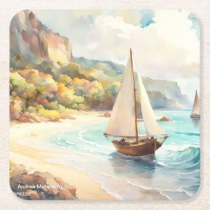 Porta-copo De Papel Quadrado Paisagem com navios de mar e de navegação