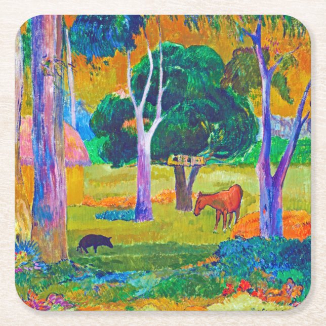 Porta-copo De Papel Quadrado Paisagem com Suíno e Cavalo, Gauguin (Frente)