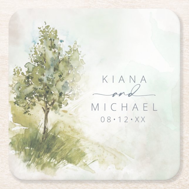 Porta-copo De Papel Quadrado Paisagem de aquarela Casamento Sage Verde ID786 Sq (Frente)