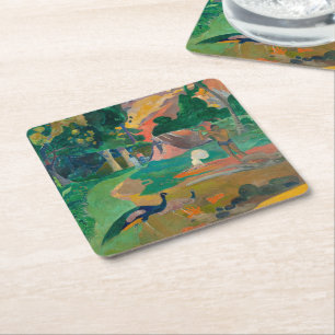 Porta-copo De Papel Quadrado Paisagem de Paul Gauguin Matamoe com Peacocks