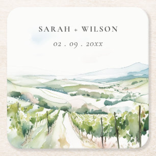 Porta-copo De Papel Quadrado Paisagem de Vinhedo em Aquarela Pastel Suave Casam