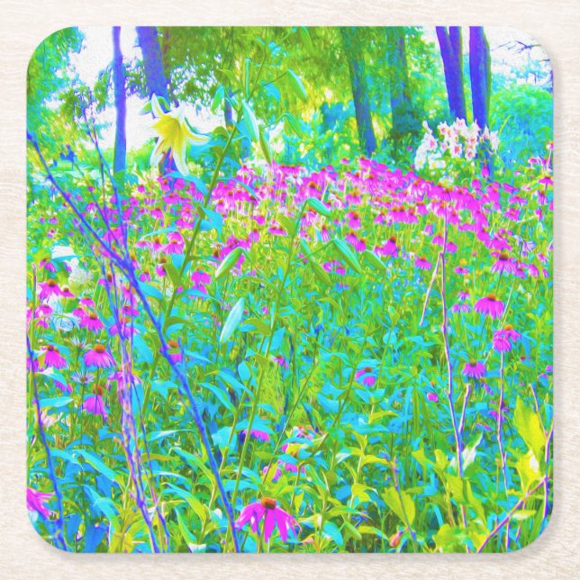 Porta-copo De Papel Quadrado Paisagem do Jardim Impressionista Azul Aqua (Frente)