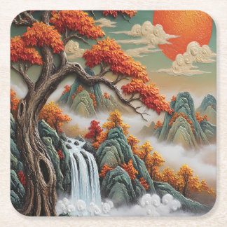 Porta-copo De Papel Quadrado Paisagem Montanhosa de Outono com Cachoeira