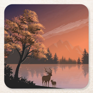 Porta-copo De Papel Quadrado Paisagem Sunrise com Lago e Deers-51207