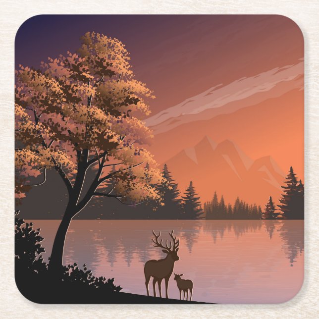 Porta-copo De Papel Quadrado Paisagem Sunrise com Lago e Deers-51207 (Frente)