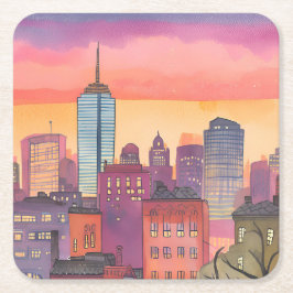 Porta-copo De Papel Quadrado Paisagem Urbana em Aquarela do North End de Boston