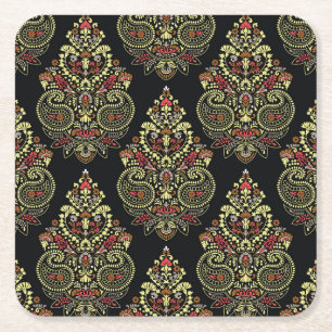 Porta-copo De Papel Quadrado paisley indiano, fundo negro geométrico