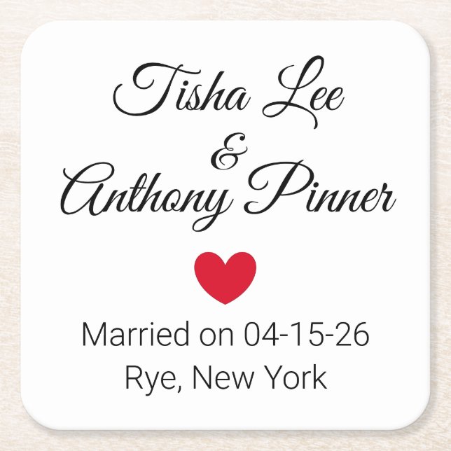 Porta-copo De Papel Quadrado Palavras e Recepção de casamento cardíaca (Frente)