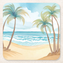 Porta-copo De Papel Quadrado Palmas Tropicais | Casamento de Aquarela de Praia