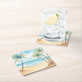 Porta-copo De Papel Quadrado Palmeiras Tropicais | Casamento Aquarela na Praia