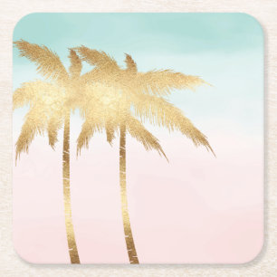 Porta-copo De Papel Quadrado Palmeiras Tropicais Rosa Hortelã Ombre Dourado